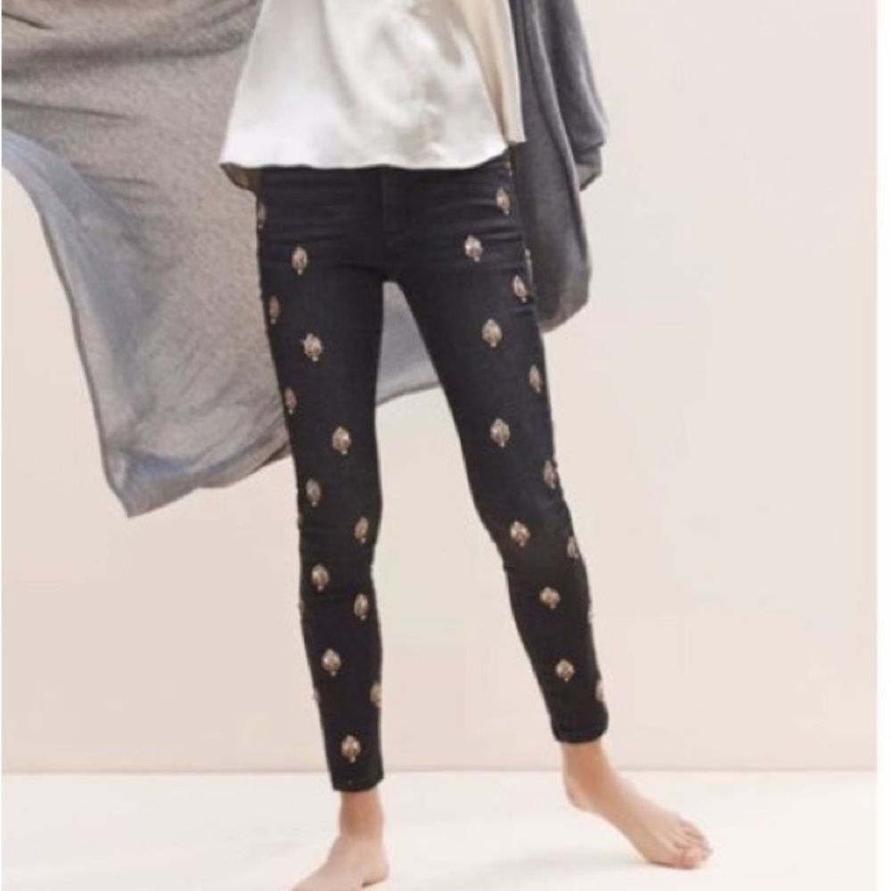Anthropology Pilcro Script High Rise Embellished Skinny Jeans Black Boho Beaded - Picture 3 of 16